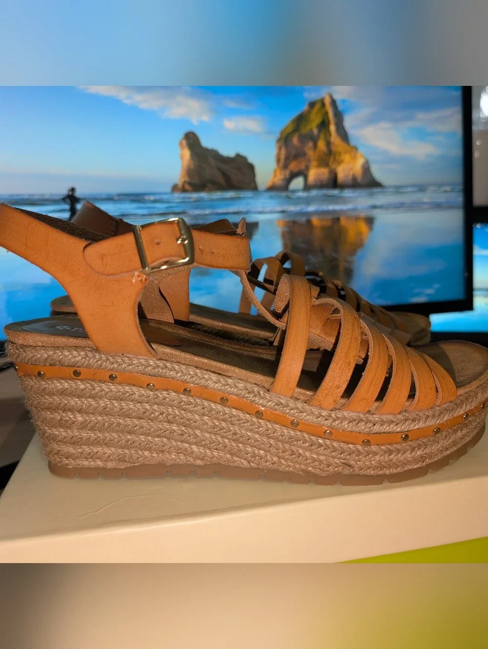 Patrizia Cognac Faux Leather Studded Espadrille Wedges.